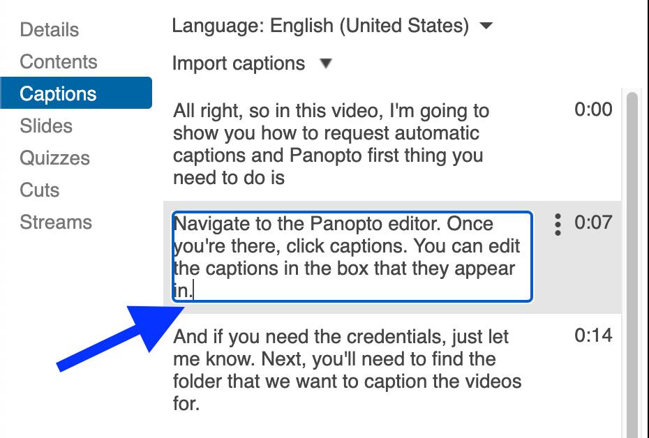 The Panopto caption editor showing you can edit captions by clicking on the words in the boxes